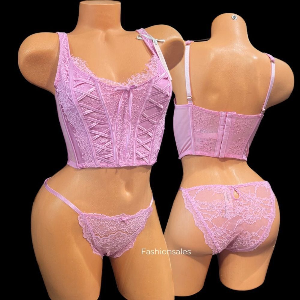 Victorias Secret Dream Angels Lace-up Corset Top Bra & String Bikini Set Pink
